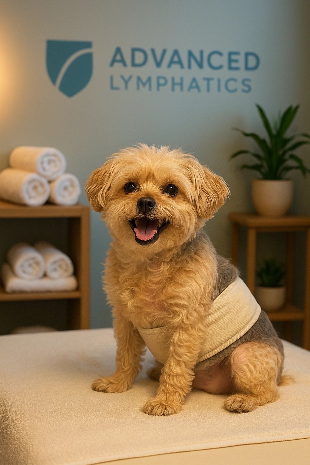 Fluffy apricot dog sitting on a massage table in a towel wrap at Advanced Lymphatics