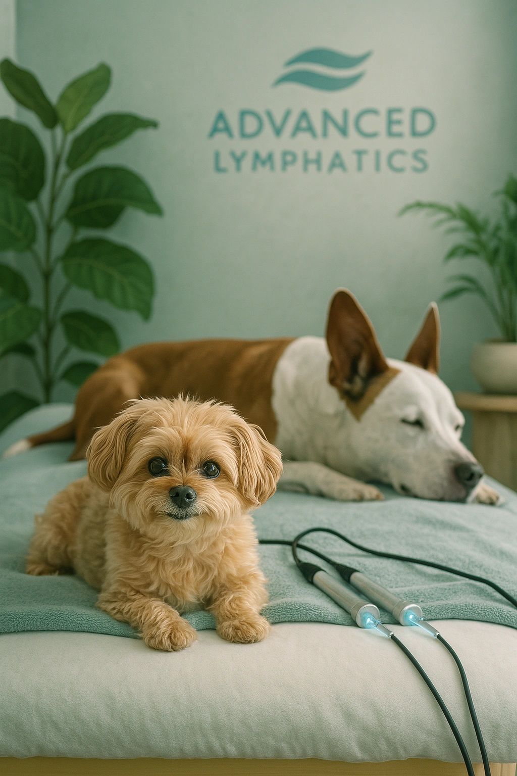 Linden and Charley relaxing together on a treatment table beside LET therapy probes