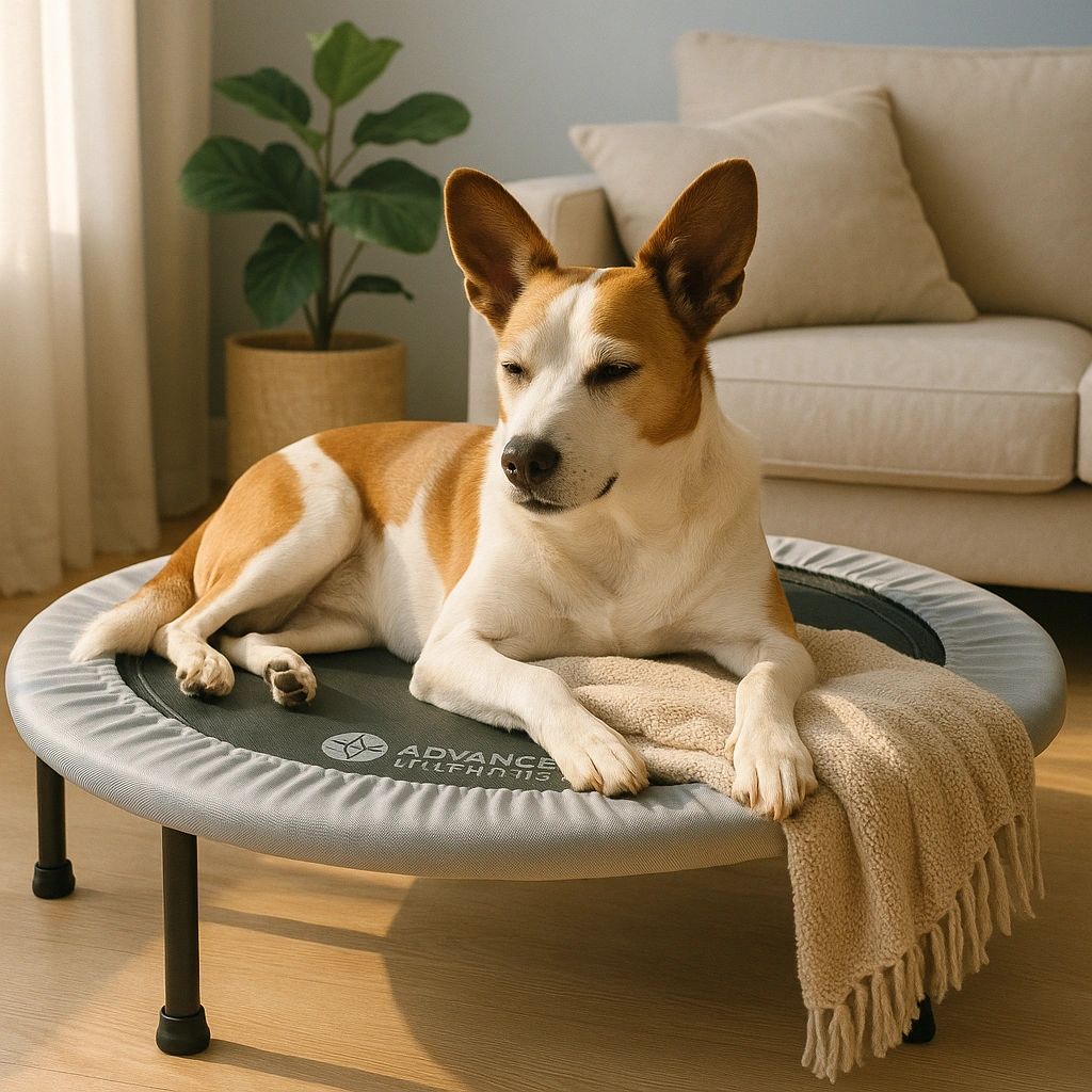 Tan-and-white dog lounging on a rebounder trampoline in a sunny living room