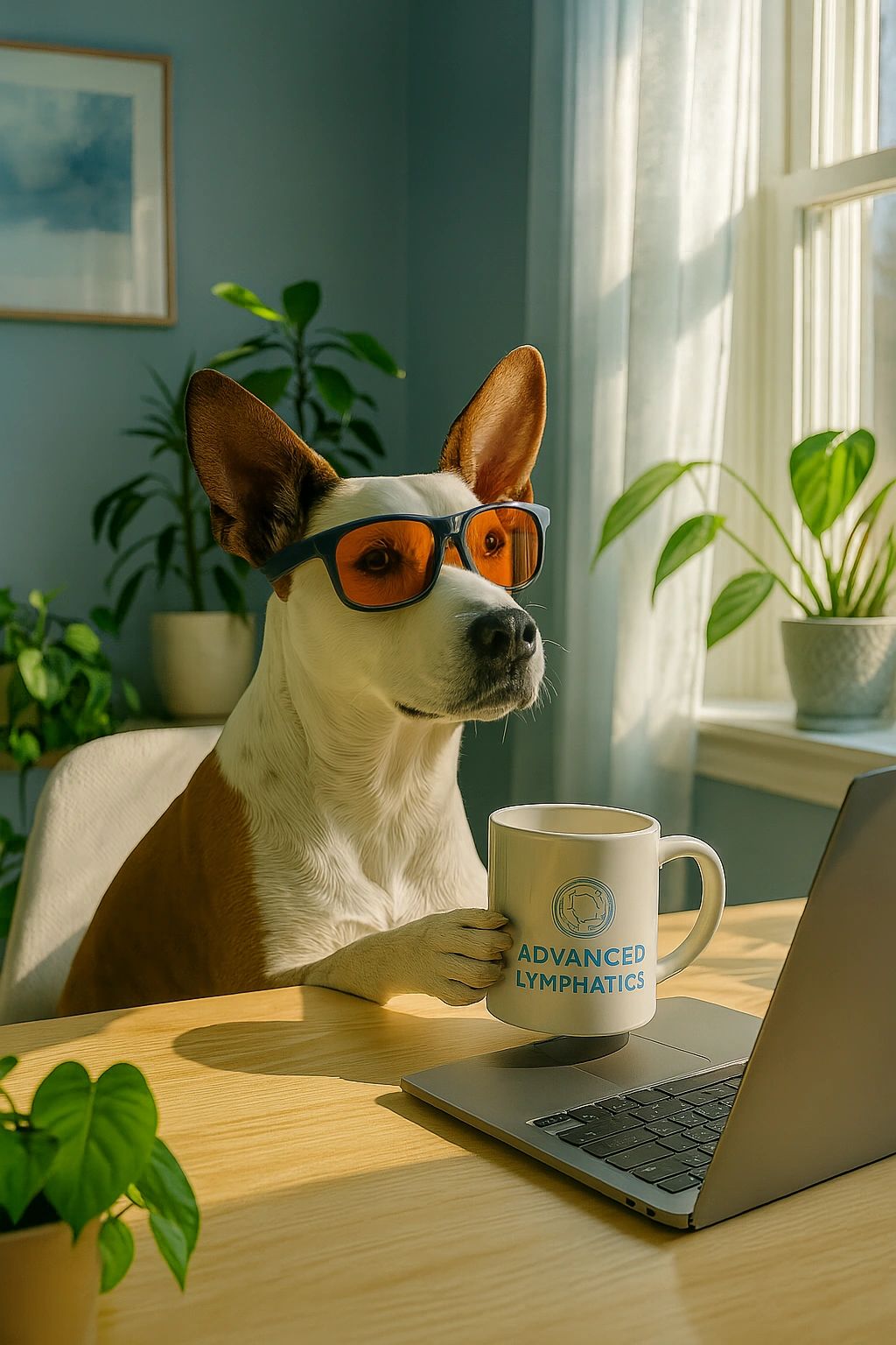 Dog wearing orange sunglasses at a laptop, holding an Advanced Lymphatics mug