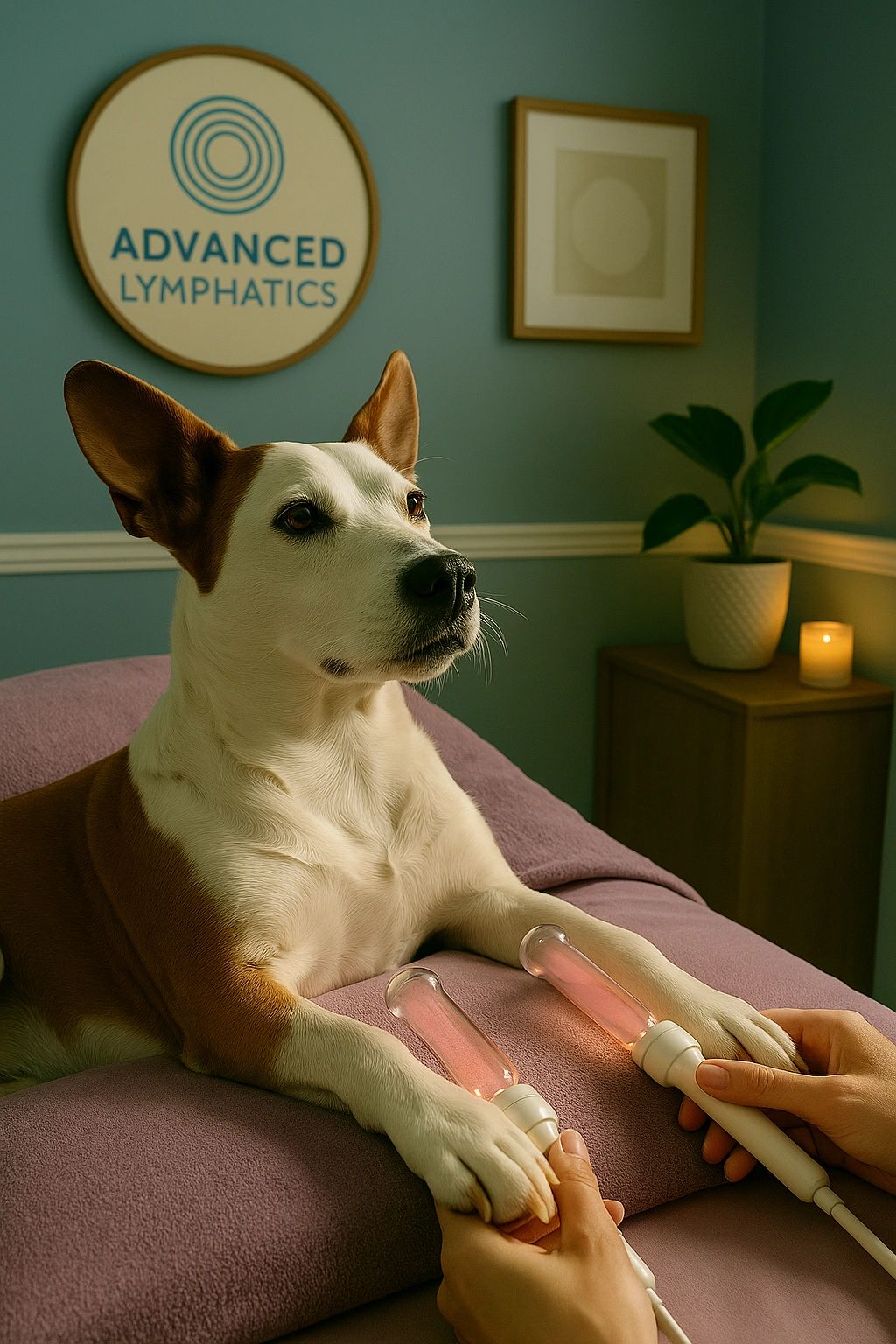 Dog receiving a Lymphatic Enhancement Therapy session with glowing glass probes on its paw