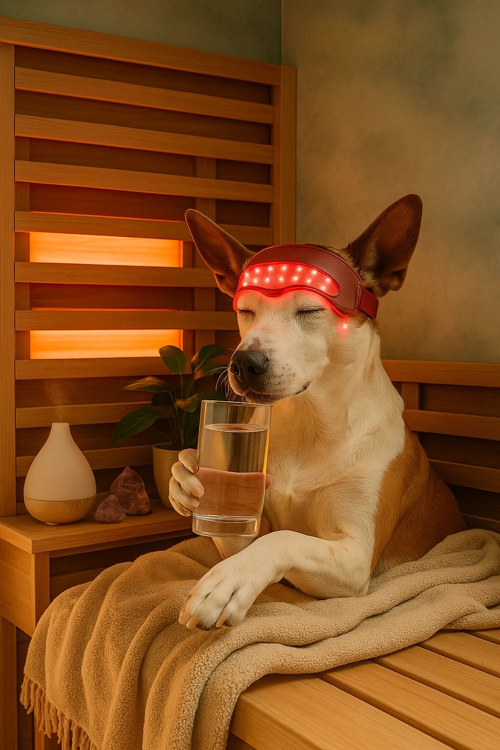 Dog relaxing in an infrared sauna wearing a red-light therapy mask and sipping water
