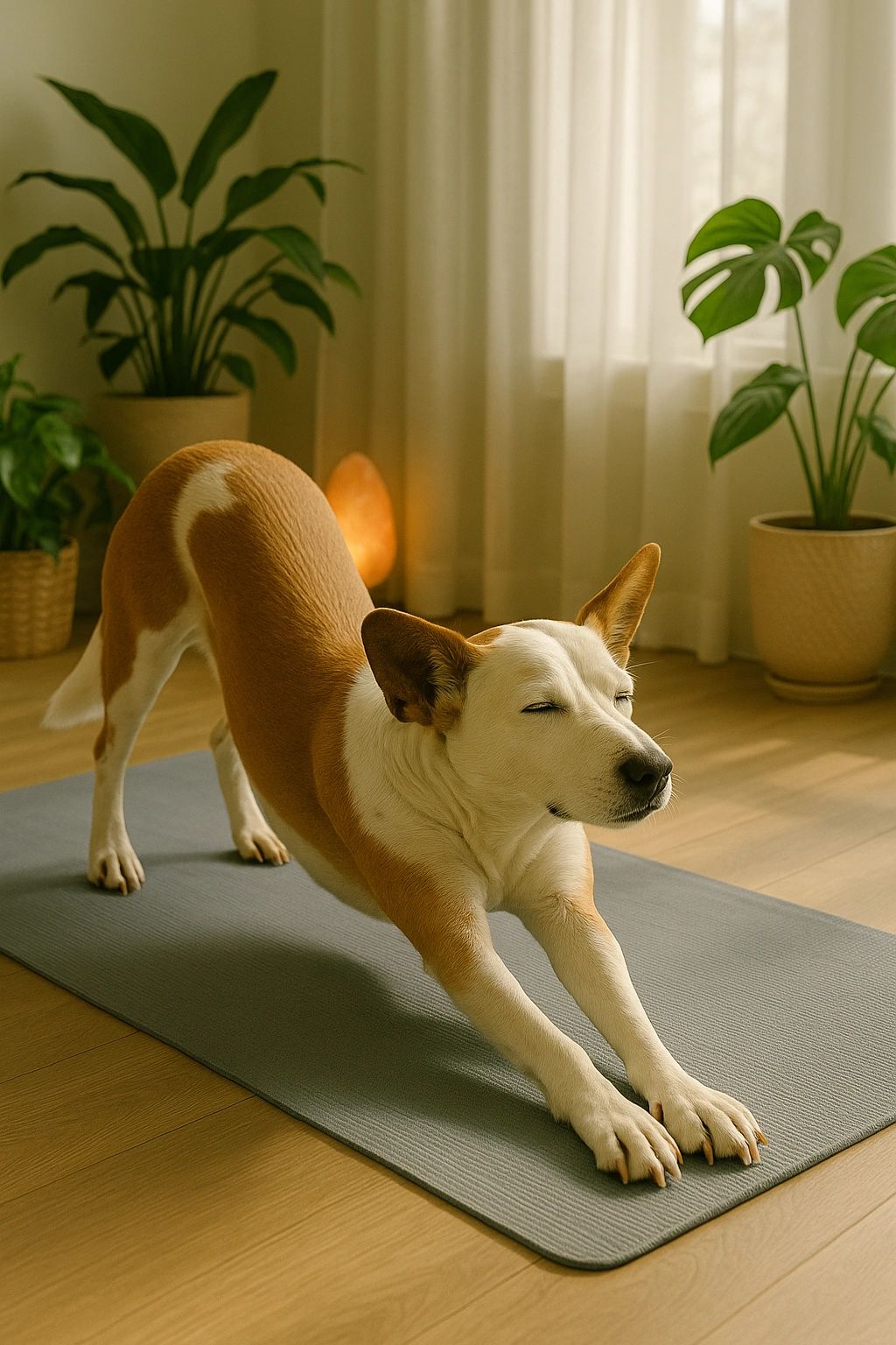 Dog doing a downward-dog stretch on a yoga mat among houseplants