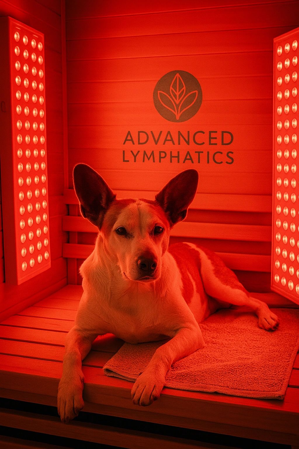 Dog basking under red-light therapy panels in an infrared sauna