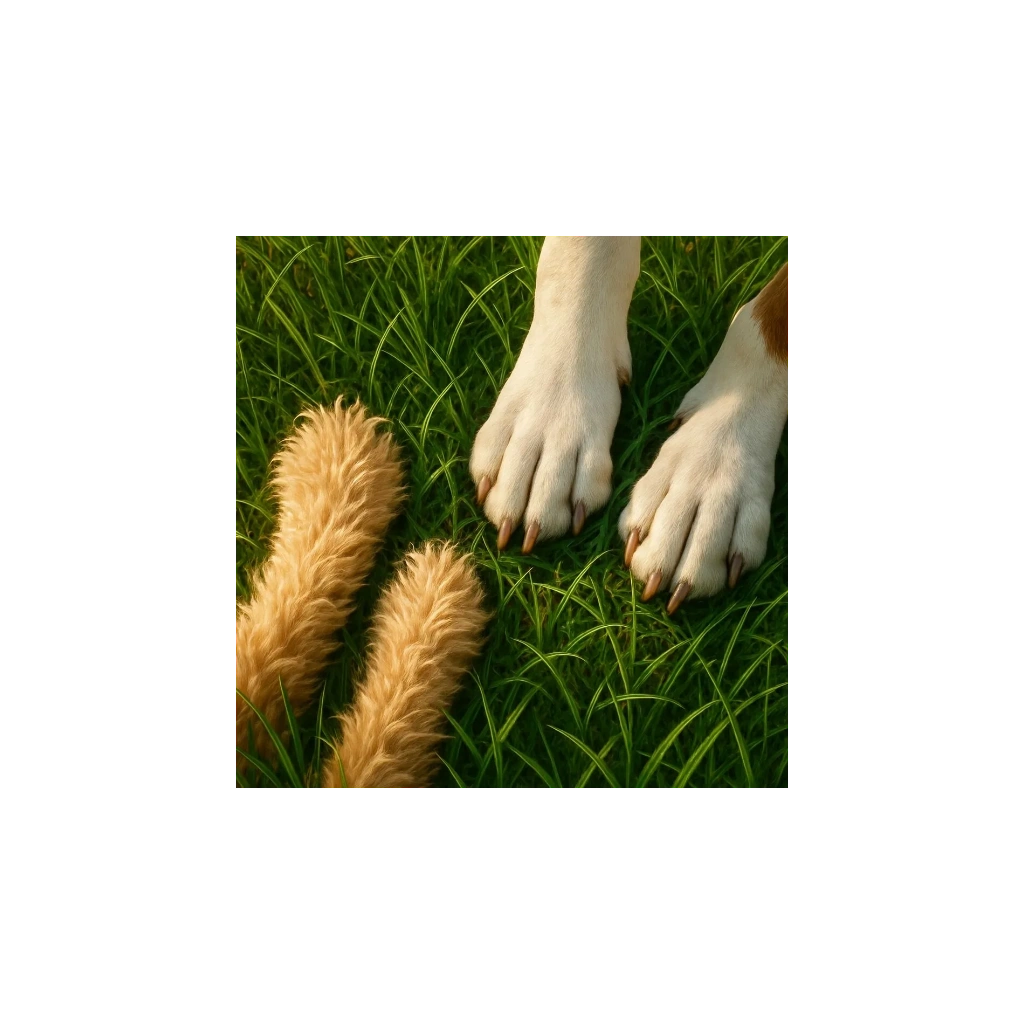 Close-up of a dog's paws resting in the grass on a sunny day