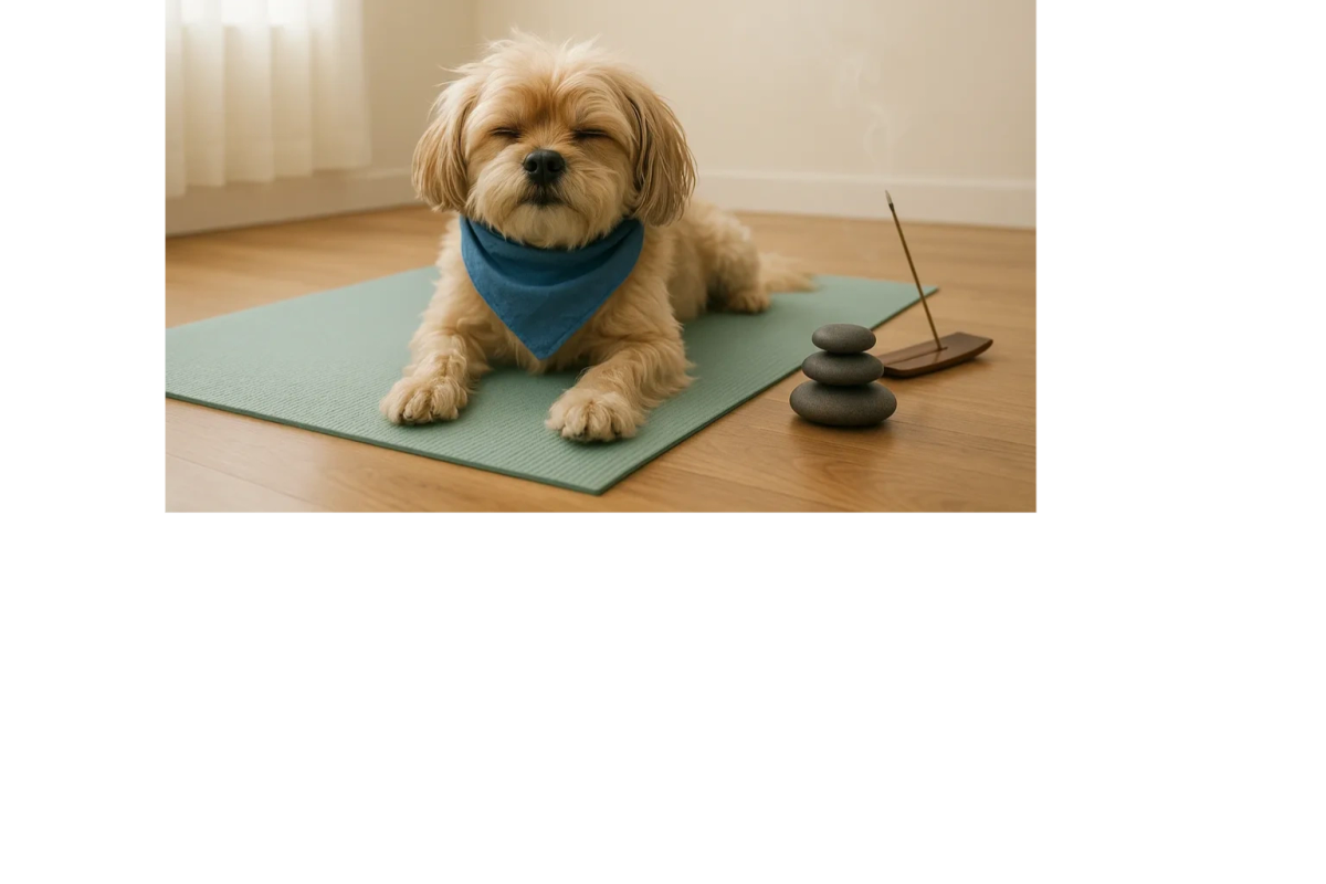 Bandana-wearing apricot dog resting on a yoga mat beside stacked stones and incense