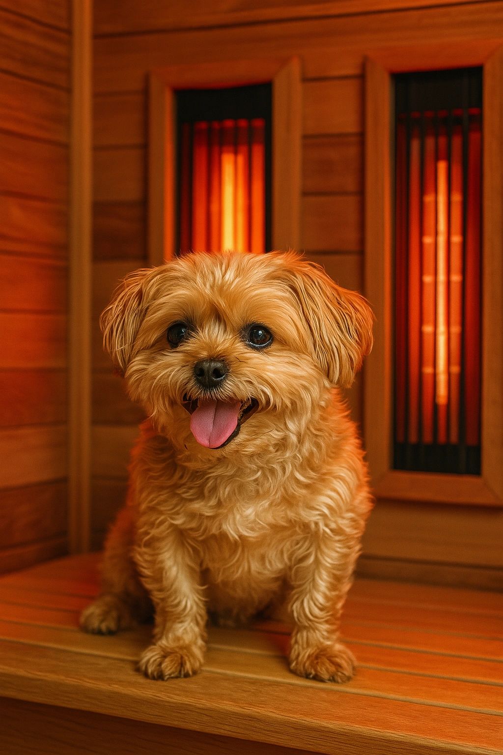 Happy apricot dog sitting in a warm infrared sauna, tongue out