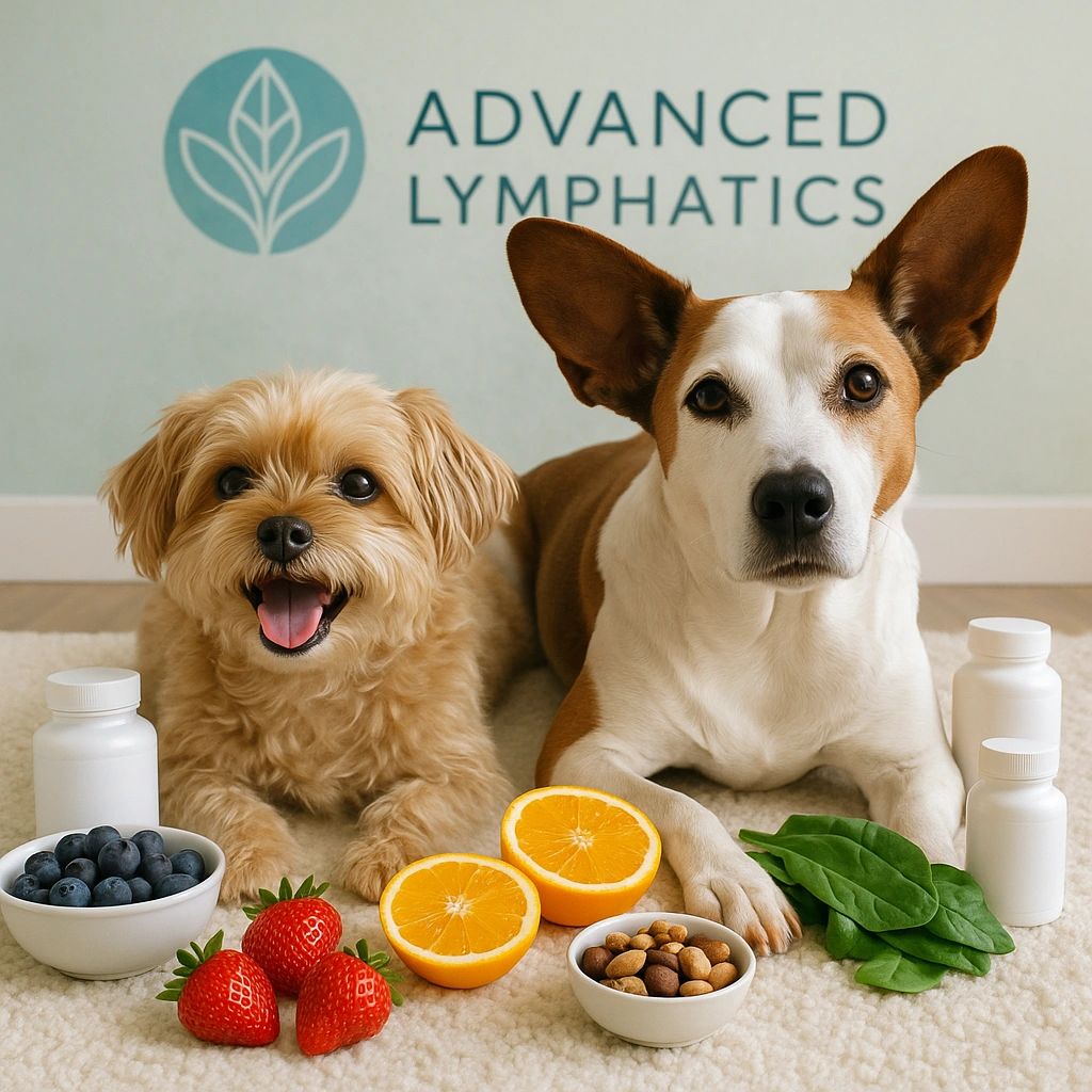 Linden and Charley with fresh fruit, leafy greens and supplements