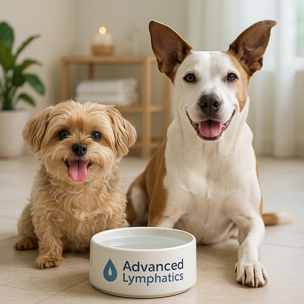 Linden and Charley sitting beside an Advanced Lymphatics water bowl