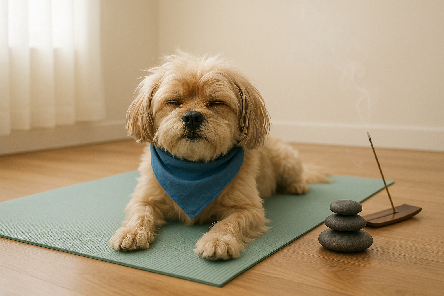 Bandana-wearing apricot dog resting on a yoga mat beside stacked stones and incense