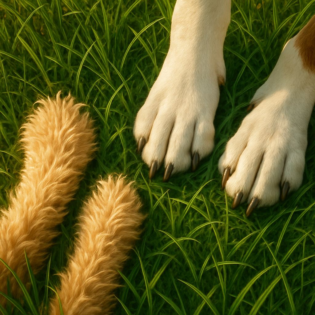 Close-up of a dog's paws resting in the grass on a sunny day